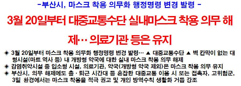 3월 20일부터 대중교통수단 실내마스크 착용 의무 해제… 의료기관 등은 유지
