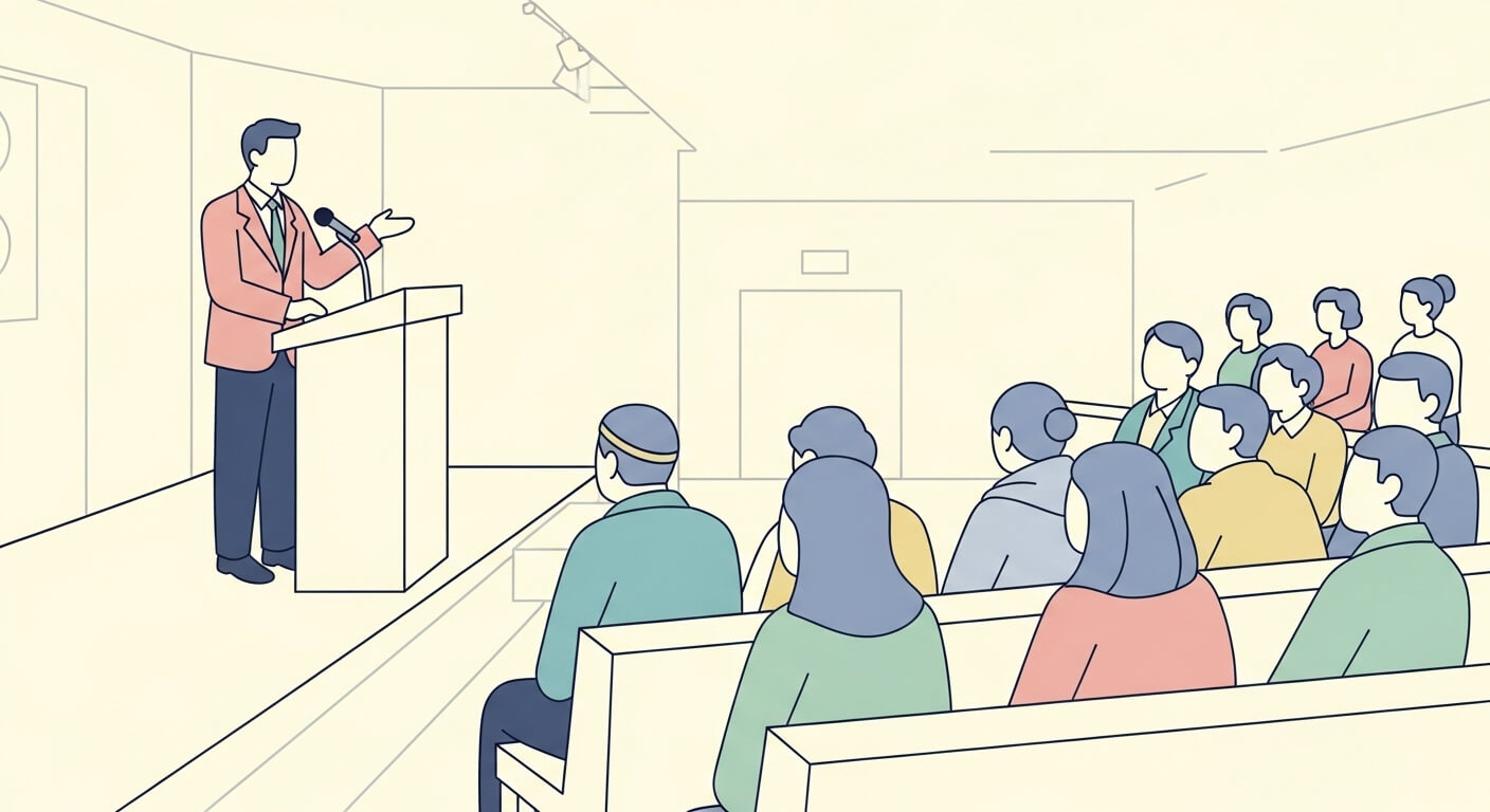 농촌 회의실에서 공무원이 주민들에게 새 정책을 설명하는 장면. 3