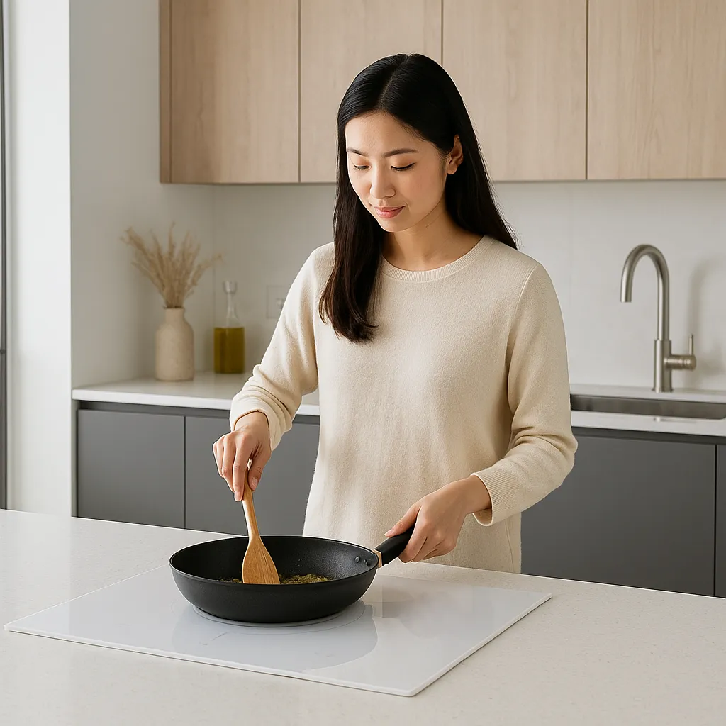 화이트 인덕션 위에서 요리 중인 여성