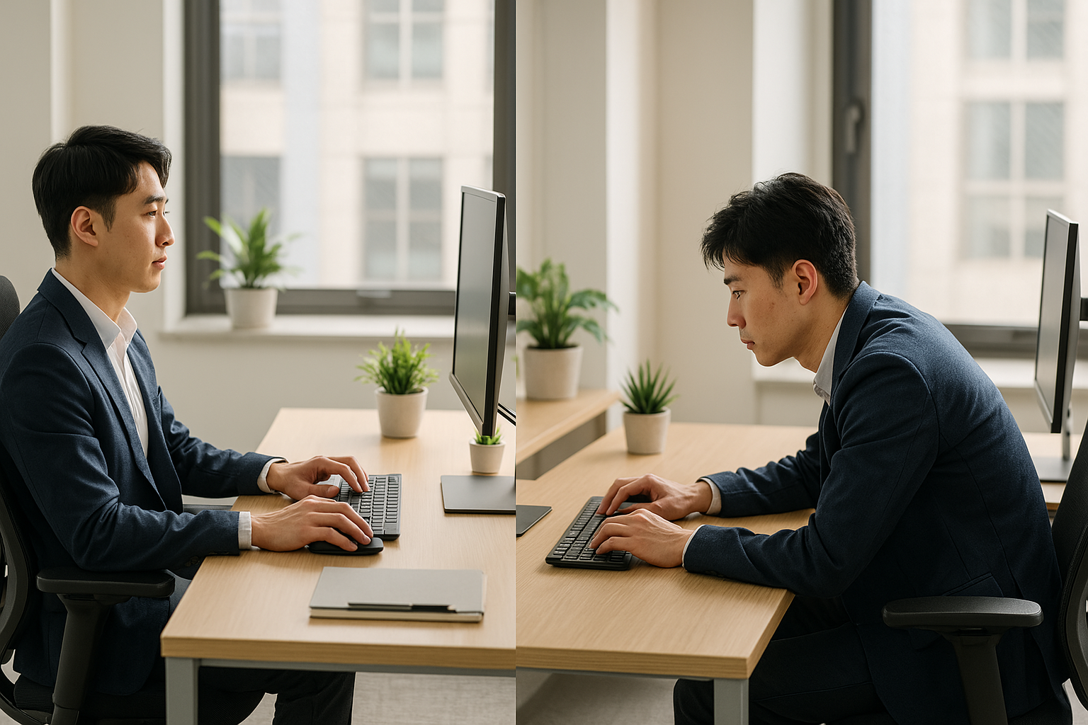 사무실에서 잘못된 자세로 컴퓨터를 보는 직장인과 올바른 자세로 앉은 직장인 비교