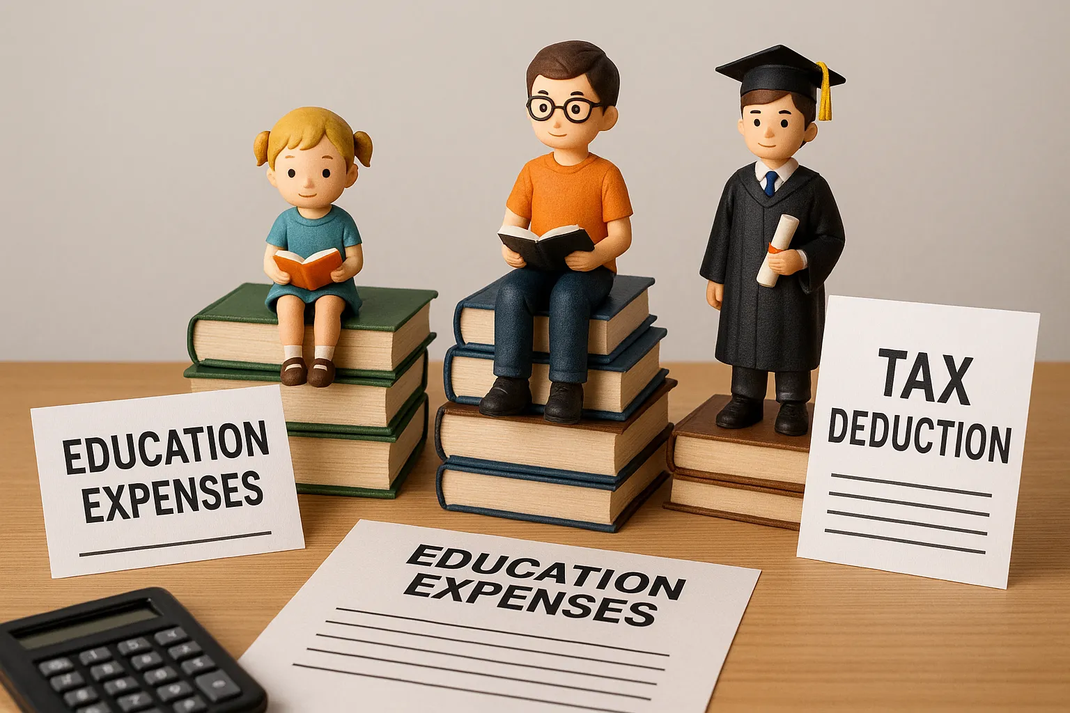 어린이에서-청소년,-대학생까지-연령대별-자녀를-상징하는-피규어들이-책-더미-위에-앉아-있고,-옆에는-교육비-지출과-세금공제를-나타내는-서류가-배치되어-자녀-나이에-따른-교육비-공제-차이를-시각적으로-표현한-이미지
