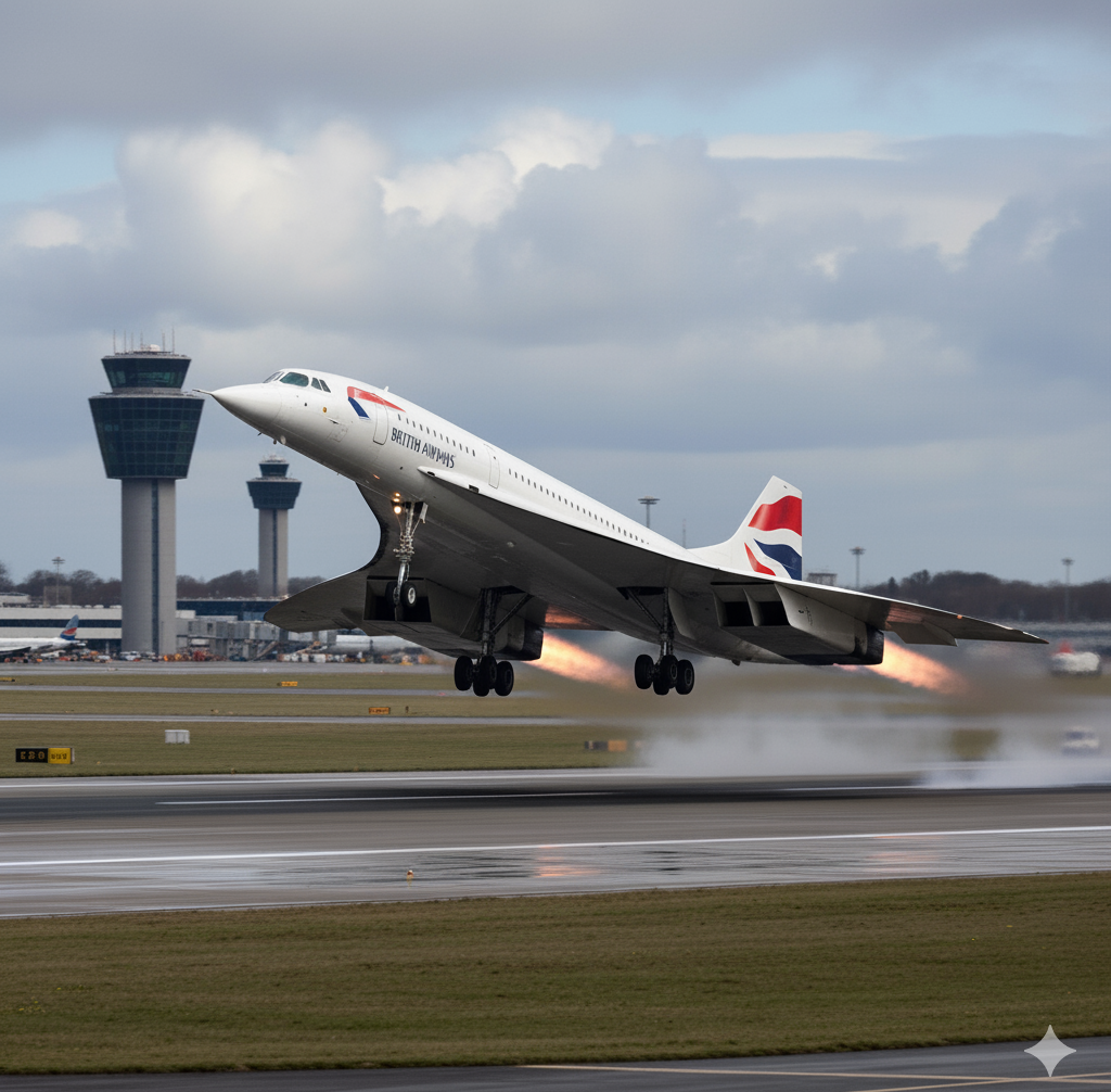 생성형 AI로 만든 콩코드 비행기가 이륙하는 모습입니다.