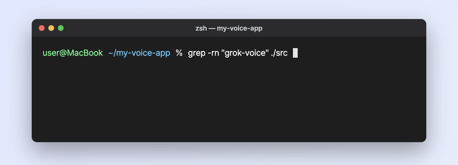 맥 터미널에서 grep으로 grok-voice가 들어간 줄을 찾고, 2.0이 적힌 줄을 sed로 3.0으로 바꾼 뒤 다시 확인하는 재구성 화면