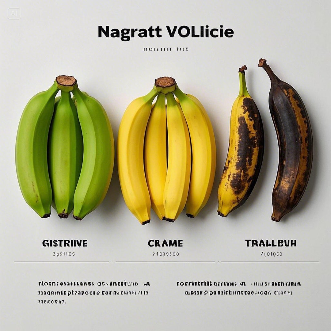 다양한 익힘 단계의 바나나가 나란히 놓여있는 모습. 왼쪽부터 덜 익은 녹색 바나나, 잘 익은 노란 바나나, 갈색 반점이 있는 과숙한 바나나까지 순서대로 배열되어 있다.