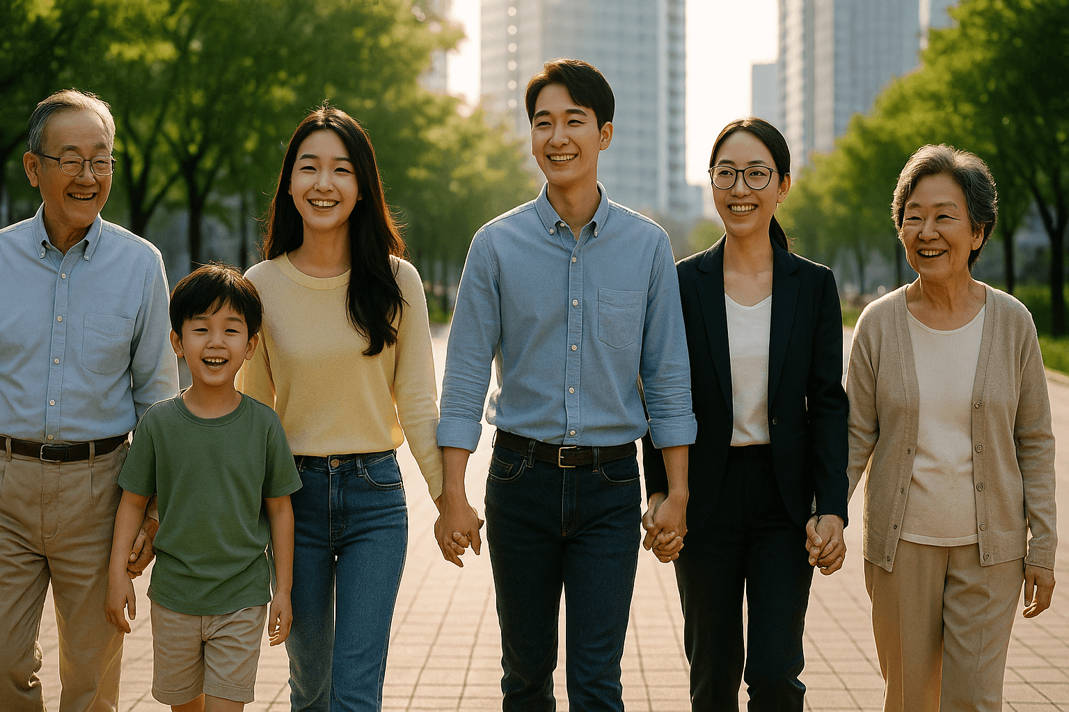 여섯 명의 한국인 남녀노소가 서로 손을 맞잡고 밝은 길을 함께 걸어가며 웃고 있는 모습. 다양한 연령대와 배경을 가진 사람들이 조화를 이루며 어울리는 장면.