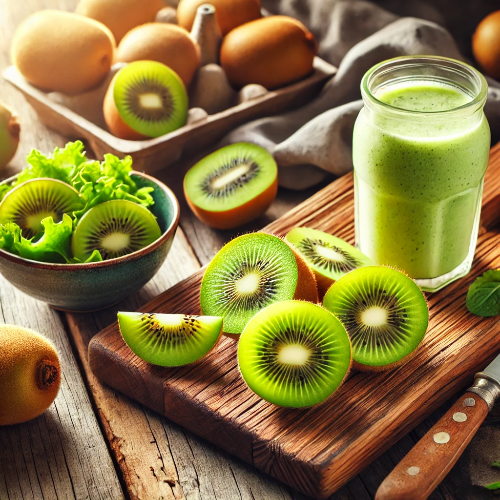 신선한 키위를 반으로 자른 모습과 키위 스무디, 키위 샐러드가 함께 어우러진 건강한 식단 연출 이미지