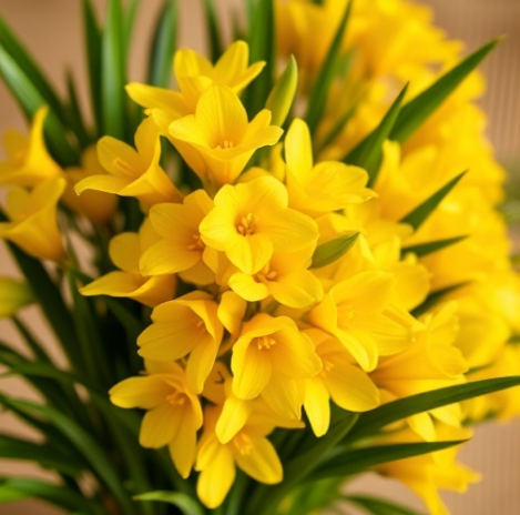 노랑색 프리지아 꽃다발 이미지