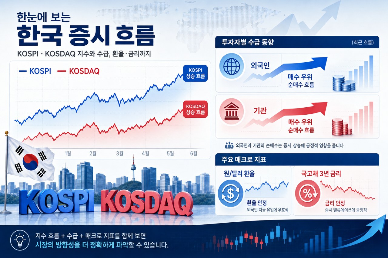 코스피 코스닥 외국인 기관 수급과 환율 금리 흐름을 설명하는 이미지