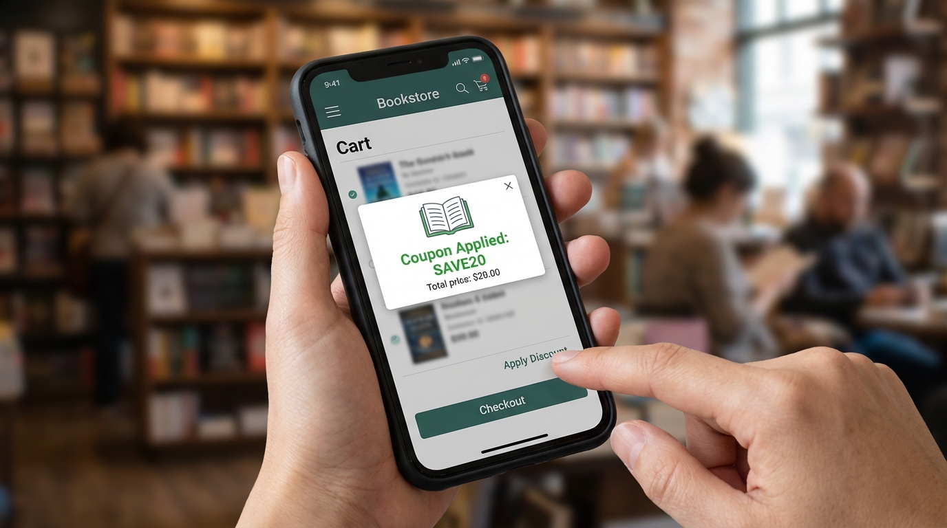 서점 앱에서 도서 할인 쿠폰을 사용하는 이미지