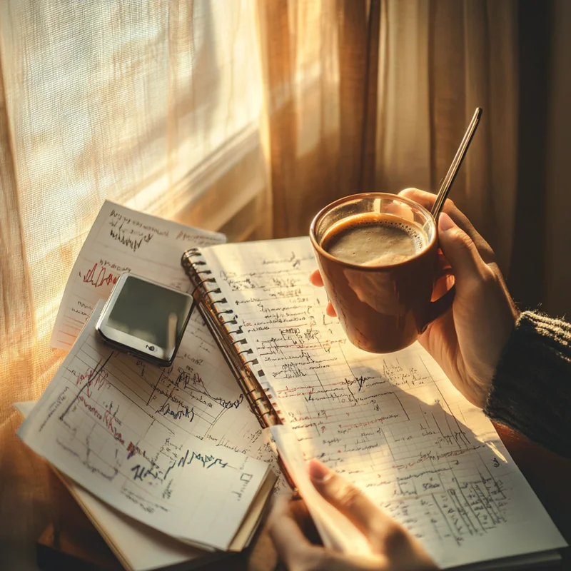 따뜻한 햇빛이 비치는 창가에 앉아 커피를 마시며 투자 전략에 대해 숙고하는 사람의 모습. 노트와 스마트폰이 주변에 놓여 있어 신중하고 정보에 입각한 투자 접근법을 나타냅니다.