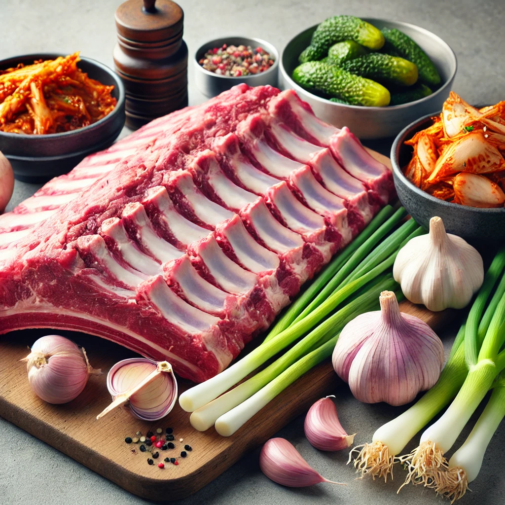 신선한 돼지갈비, 김치, 양파, 마늘, 대파가 나무 도마 위에 가지런히 놓인 모습