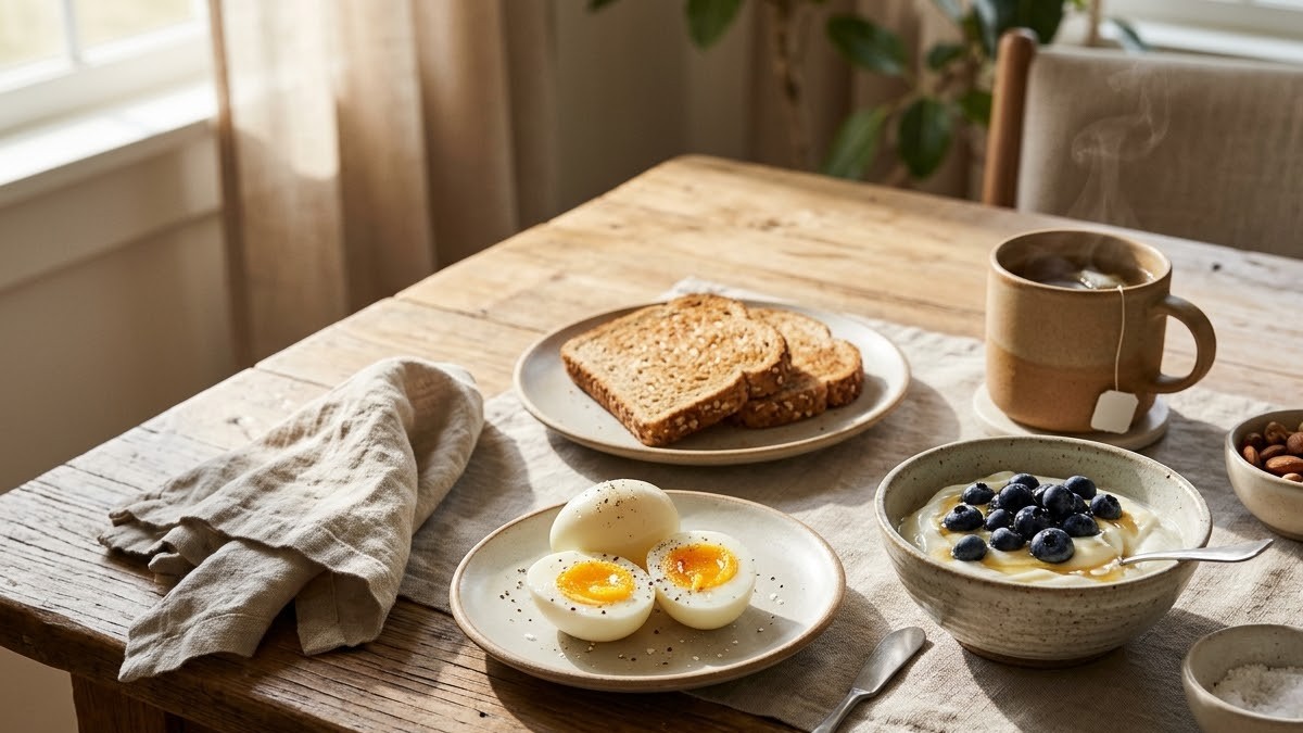 삶은 달걀, 그릭요거트, 통밀 토스트, 견과류로 차린 아침 식사