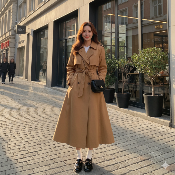 트렌치코트를 드레스처럼 입고 로퍼와 미니 크로스백을 매치한 전신 사진