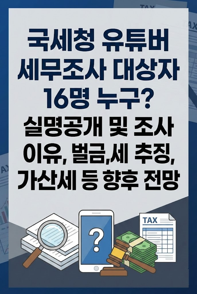 국세청 유튜버 세무조사 대상자 16명 누구? 실명공개 및 조사 이유, 벌금, 세금 추징, 가산세 등 향후 전망
