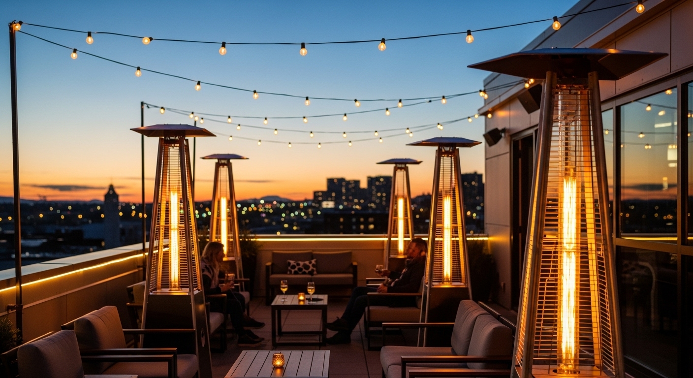 겨울철 루프탑 이용 시 필수인 야외 히터와 담요가 준비된 세련된 테라스