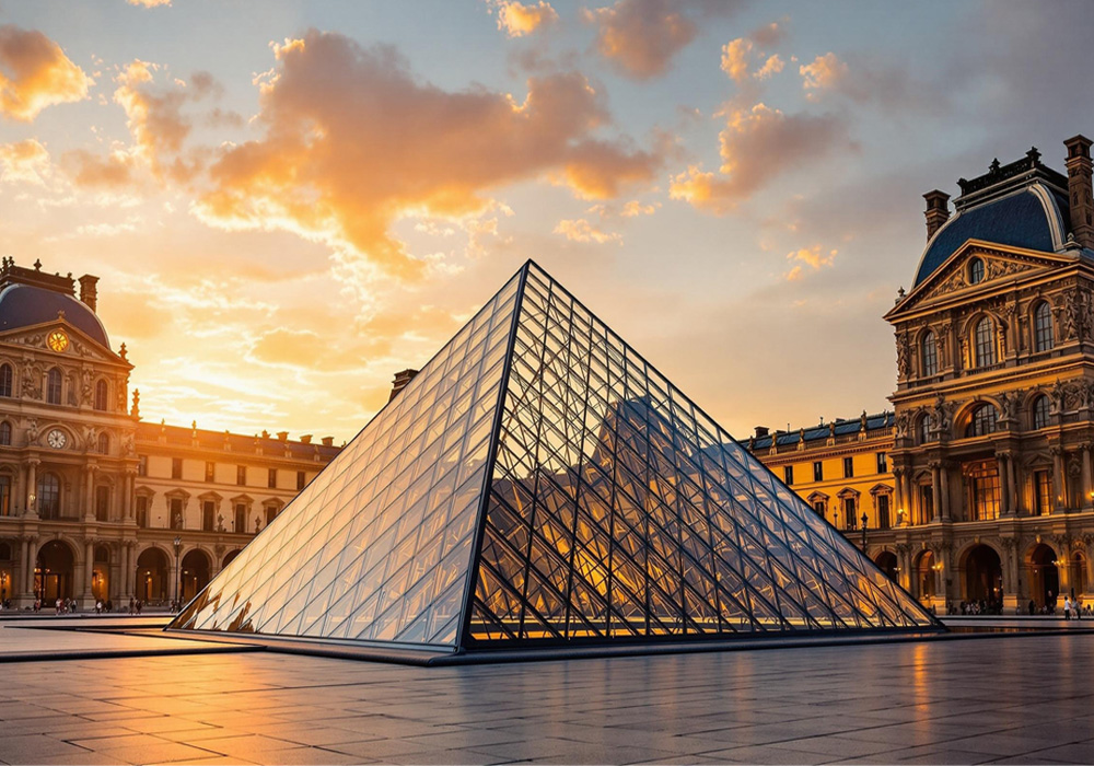 일몰 무렵의 파리 루브르 박물관의 상징적인 피라미드 건축 요소