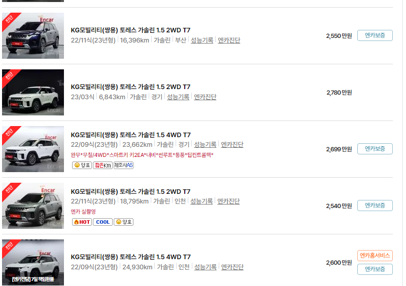 KG모빌리티 토레스 중고차 가격 시세표 24년10월