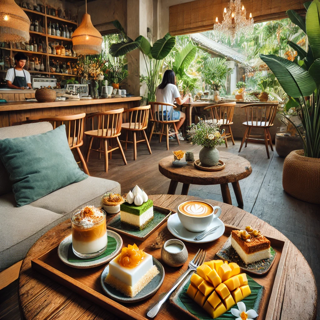푸켓의 감성적인 카페에서 디저트와 커피를 즐기는 모습