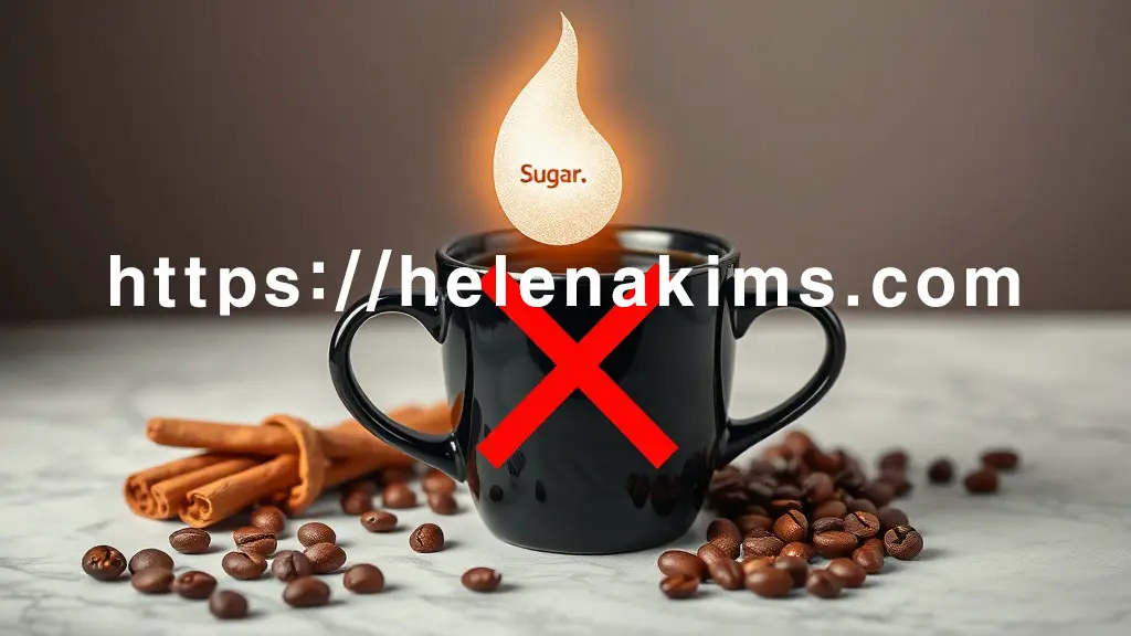 배경 중앙에 설탕이나 시럽이 없는 순수한 블랙커피 한 잔이 놓여 있다. 커피잔 위에는 밝게 빛나는 설탕 아이콘에 빨간색 'X' 표시가 명확히 오버레이 되어 있으며, 그 주변으로는 향긋한 시나몬 스틱이나 은은하게 퍼지는 커피 향을 상징하는 이미지.