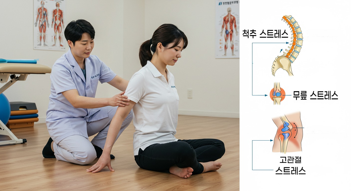"물리치료사가 바닥에 앉아있는 환자에게 올바른 좌식 자세를 가르쳐주는 모습. 옆에는 양반다리가 무릎, 고관절, 척추에 스트레스를 주는 지점을 보여주는 인포그래픽이 함께 있는 전문적이고 밝은 분위기의 이미지."