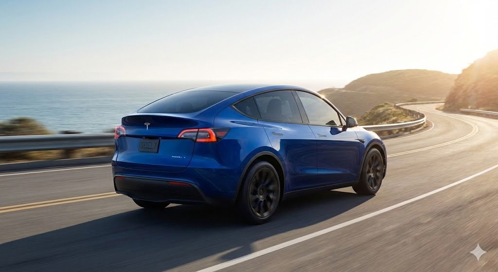 아름다운 해안 도로를 달리는 모델 Y의 역동적인 후면 모습을 담았습니다.