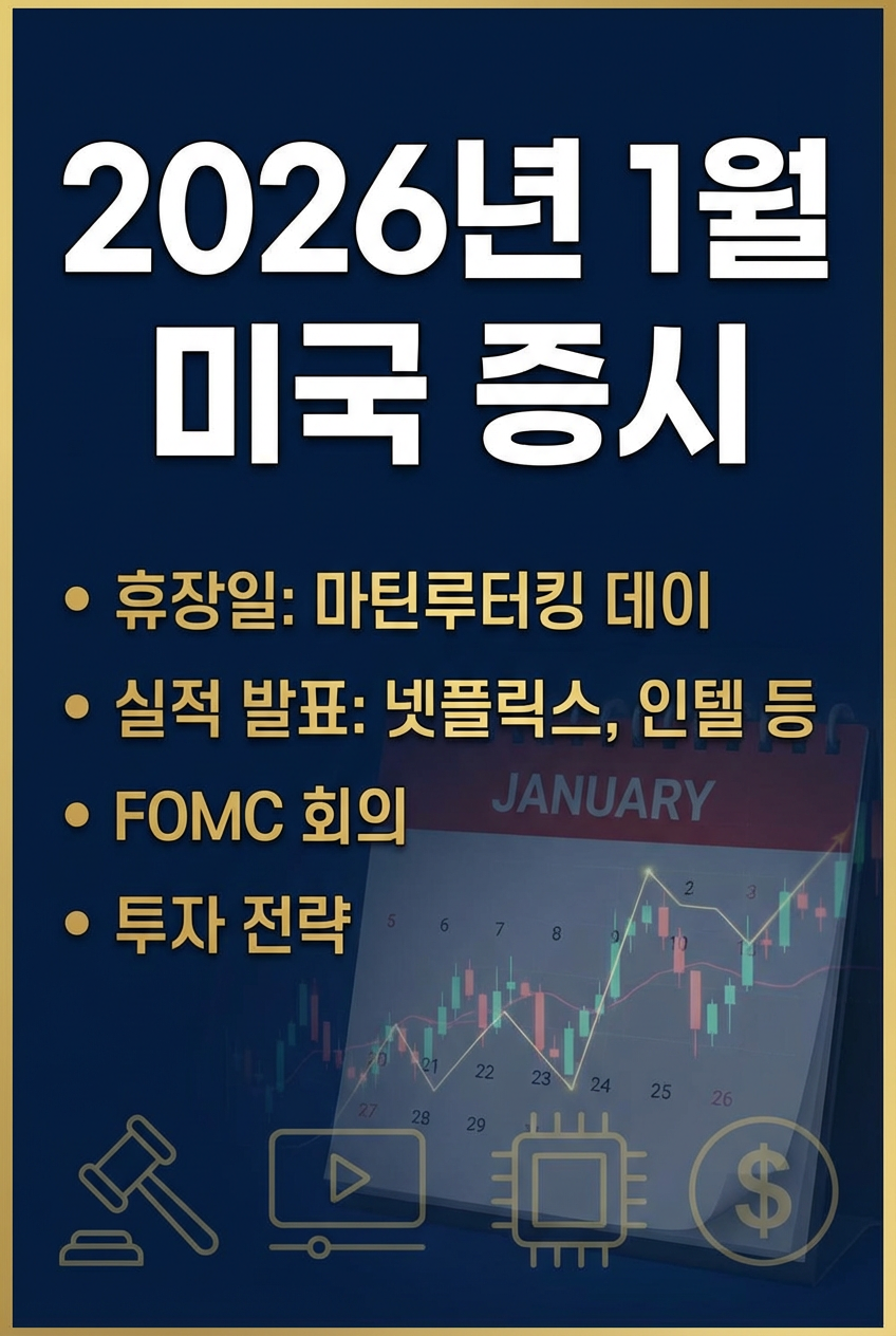 2026년 1월 미국 증시 휴장 일(마틴루터킹 데이) 및 기업(넷플릭스, 인텔 등) 실적 발표, FOMC 회의 날짜, 투자 전략