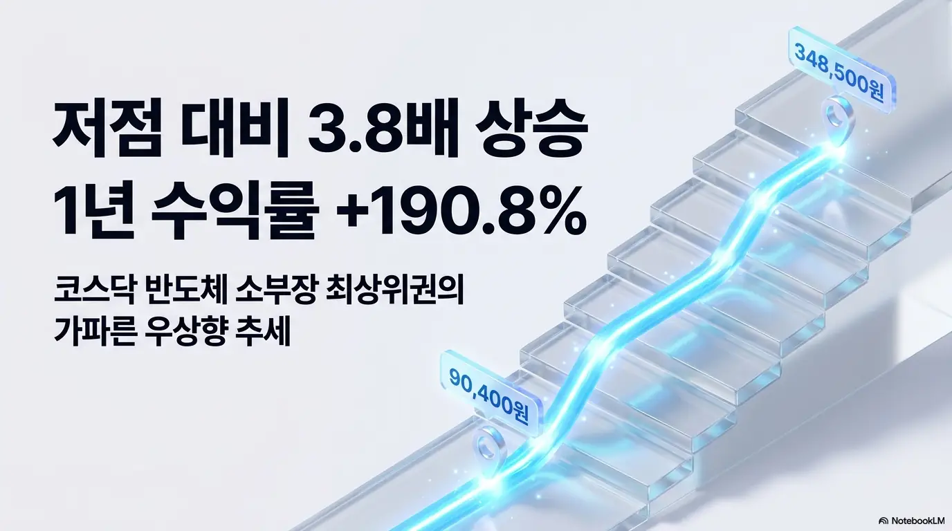 티씨케이 주가가 저점 90&amp;#44;400원에서 고점 348&amp;#44;500원까지 저점 대비 3.8배&amp;#44; 1년 수익률 +190.8% 상승했음을 계단형 그래프로 보여주는 이미지. 코스닥 반도체 소부장 최상위권의 가파른 우상향 추세를 시각화하며&amp;#44; 블로그의 티씨케이 주가 전망 주제와 관련된 내용을 설명함 