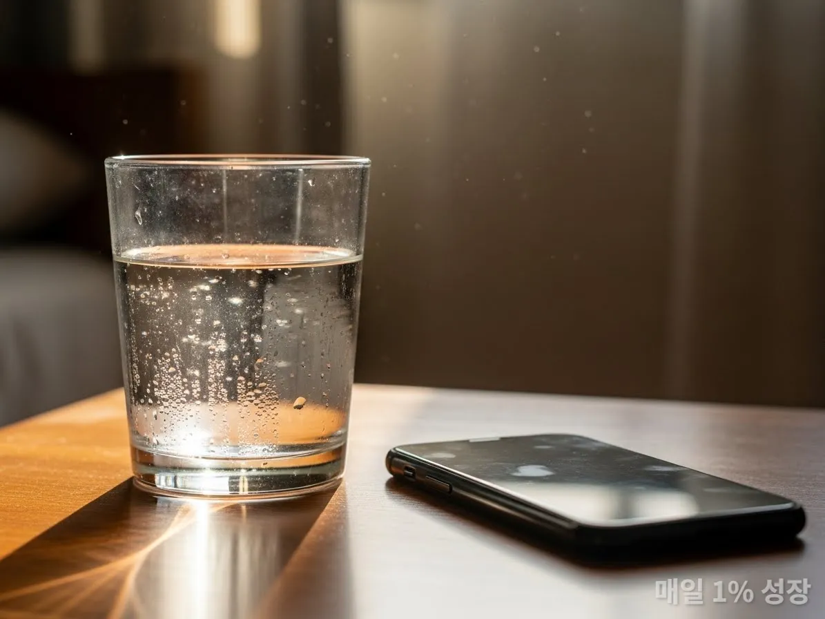 스마트폰 대신 물 한 잔이 놓인 침대 옆 협탁