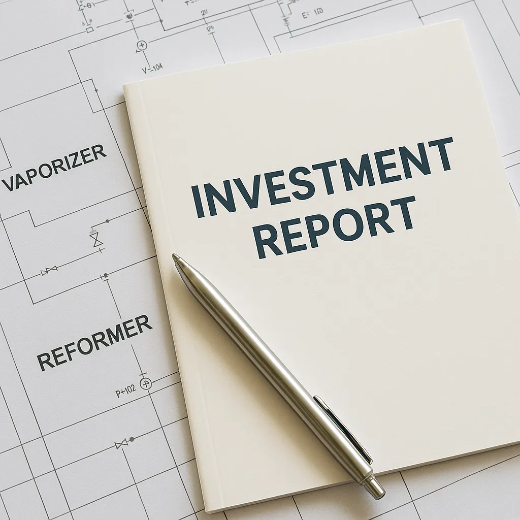 기화기와 수소개질기 설비 도면 위에 놓인 투자 보고서와 펜