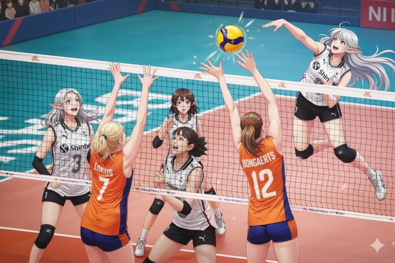 배구 경기 사진을 애니메이션 스타일로 변환한 결과