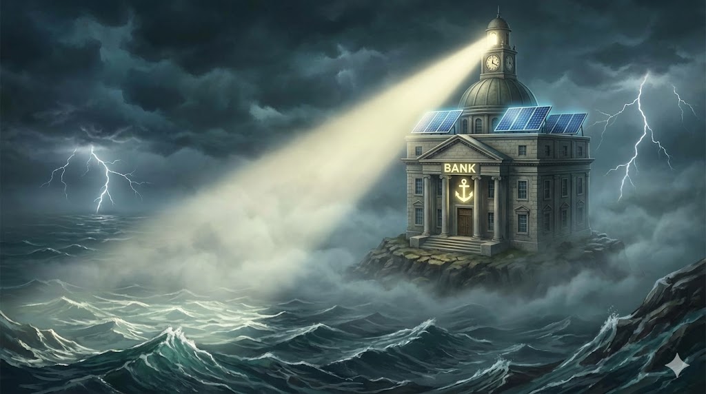 폭풍우가 치는 어두운 바다 위로 태양광 패널과 은행 건물이 견고한 등대처럼 빛을 비추는 일러스트