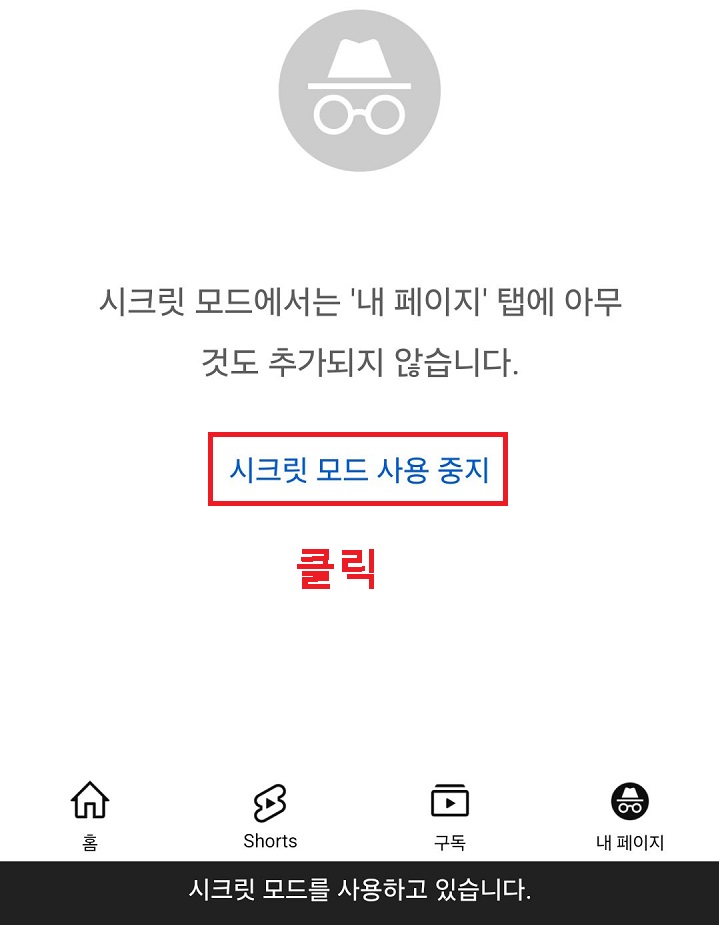 시크릿 모드 사용 중지 버튼 보임