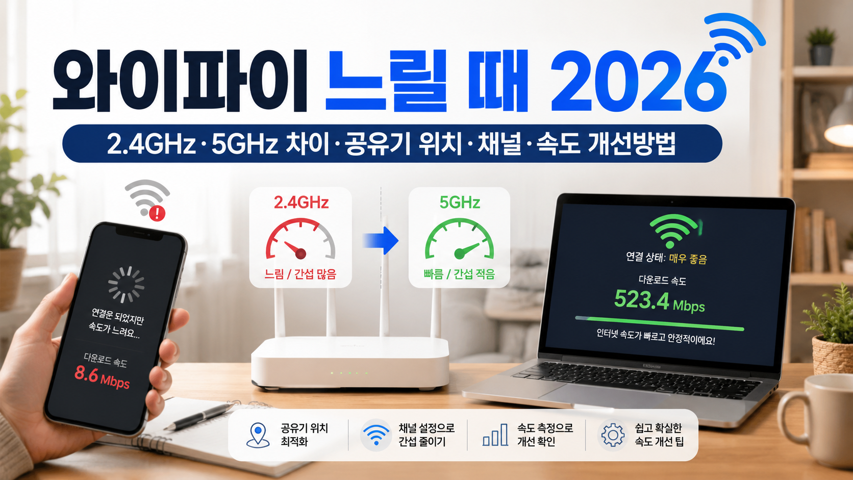 와이파이 느릴 때 2026｜2.4GHz&middot;5GHz 차이&middot;공유기 위치&middot;채널&middot;속도 개선방법