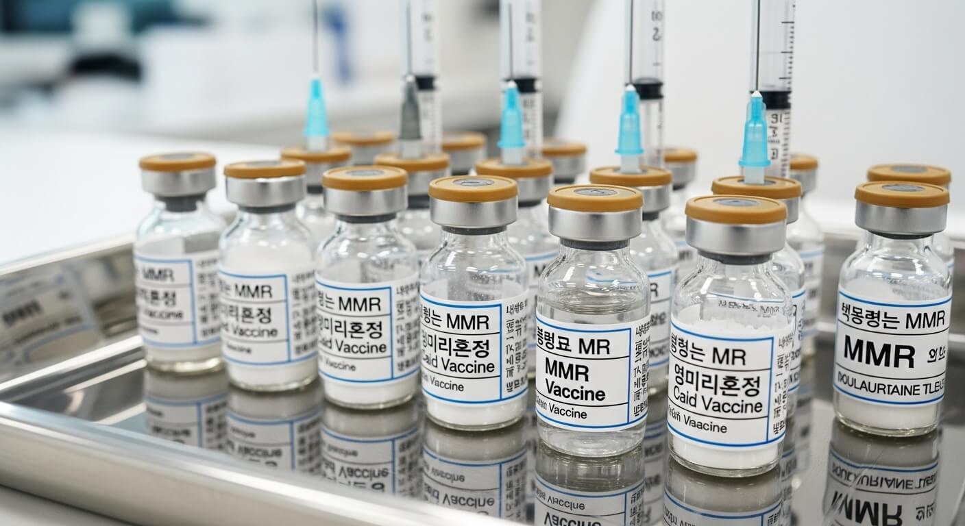 금속 트레이 위에 진열된 다수의 MMR 예방접종 백신 병과 주사기