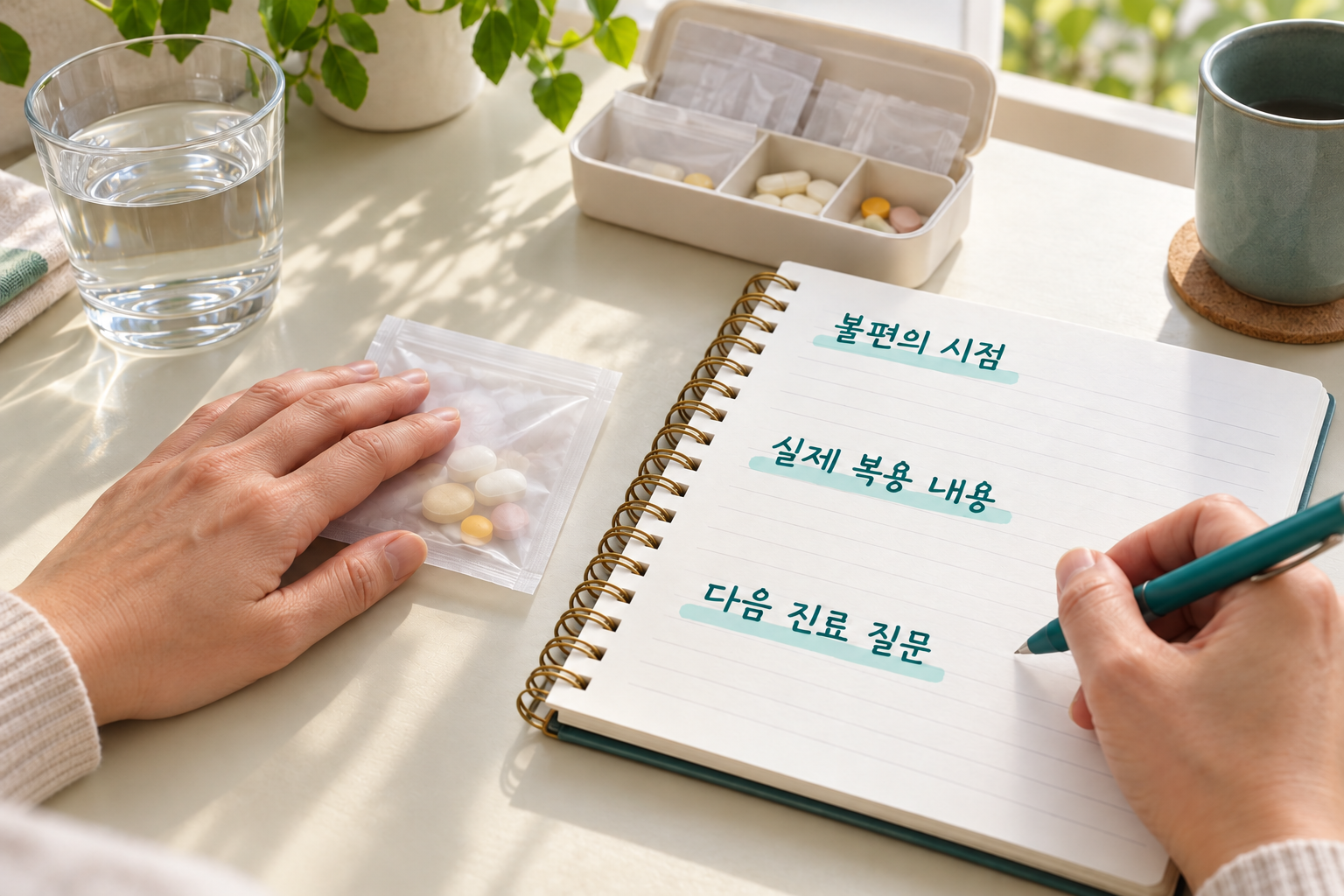 약봉투와 기록 노트를 두고 실제 복용 내용·불편의 시점·다음 진료 질문을 정리하는 손