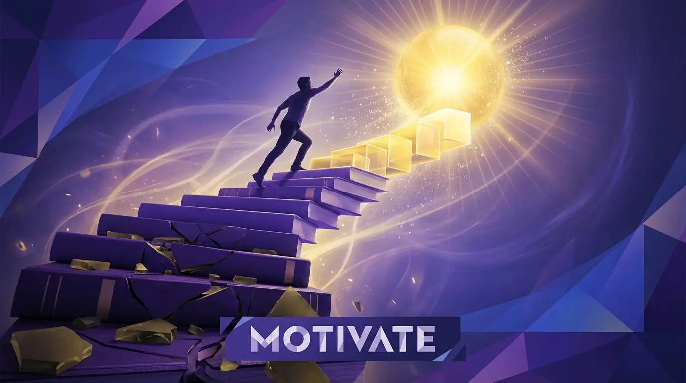 학습 슬럼프를 극복하고 꾸준히 성장하는 사람의 모습, 밝고 희망찬 보라색과 노란색 계열의 이미지