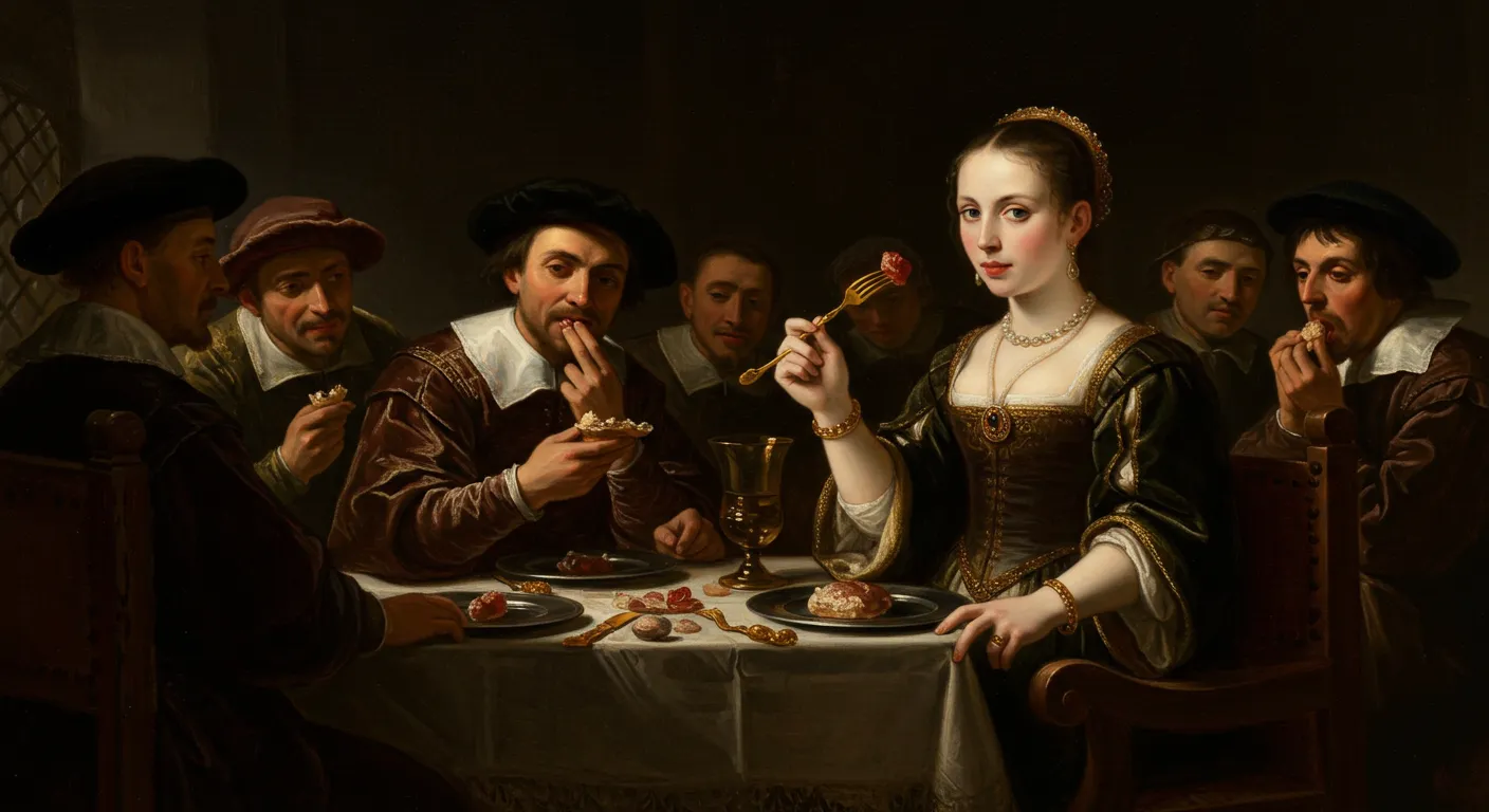 연회장에서 포크를 사용하여 음식을 먹고있는 여인모습