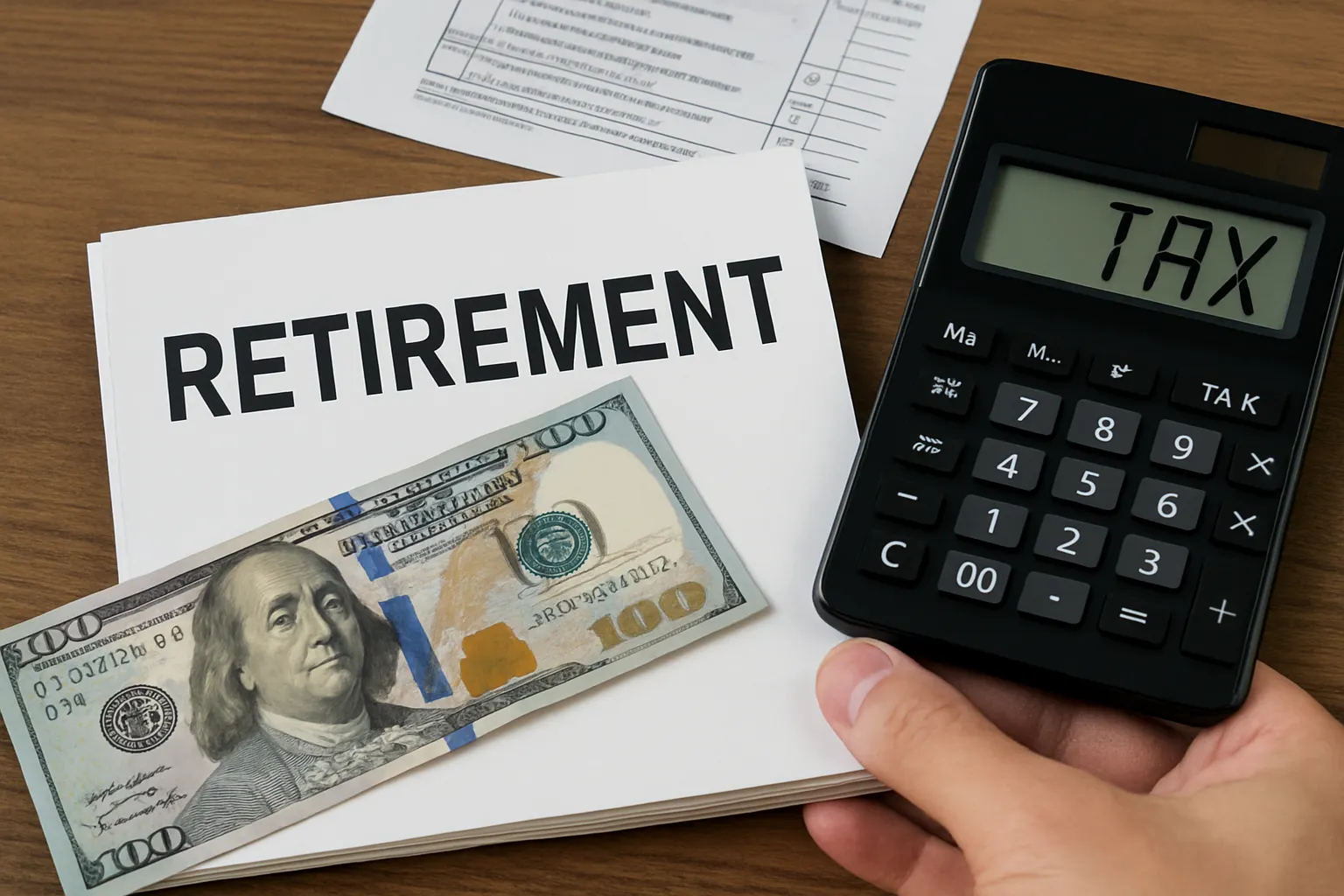 퇴직금을-계산하는-서류와-계산기,-지폐가-함께-배치된-장면으로,-퇴직금에서-얼마나-세금이-공제되는지에-대한-궁금증을-직관적으로-표현한-이미지