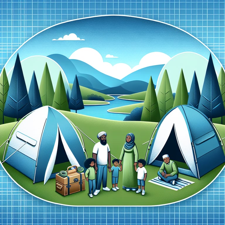 자연속에서 텐트를 설치하고 캠핑을 즐기는 가족의 모습을 표현한 사진