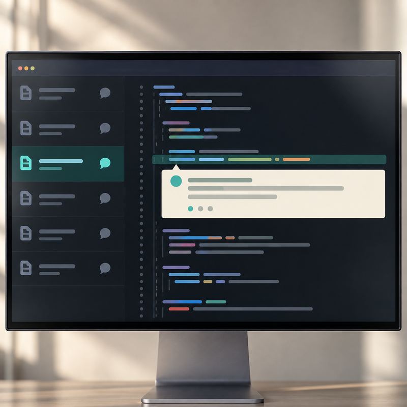 왼쪽 Git Changes의 파일별 댓글 목록과 오른쪽 편집기의 해당 줄에 열린 리뷰 댓글을 나란히 배치한 캡처