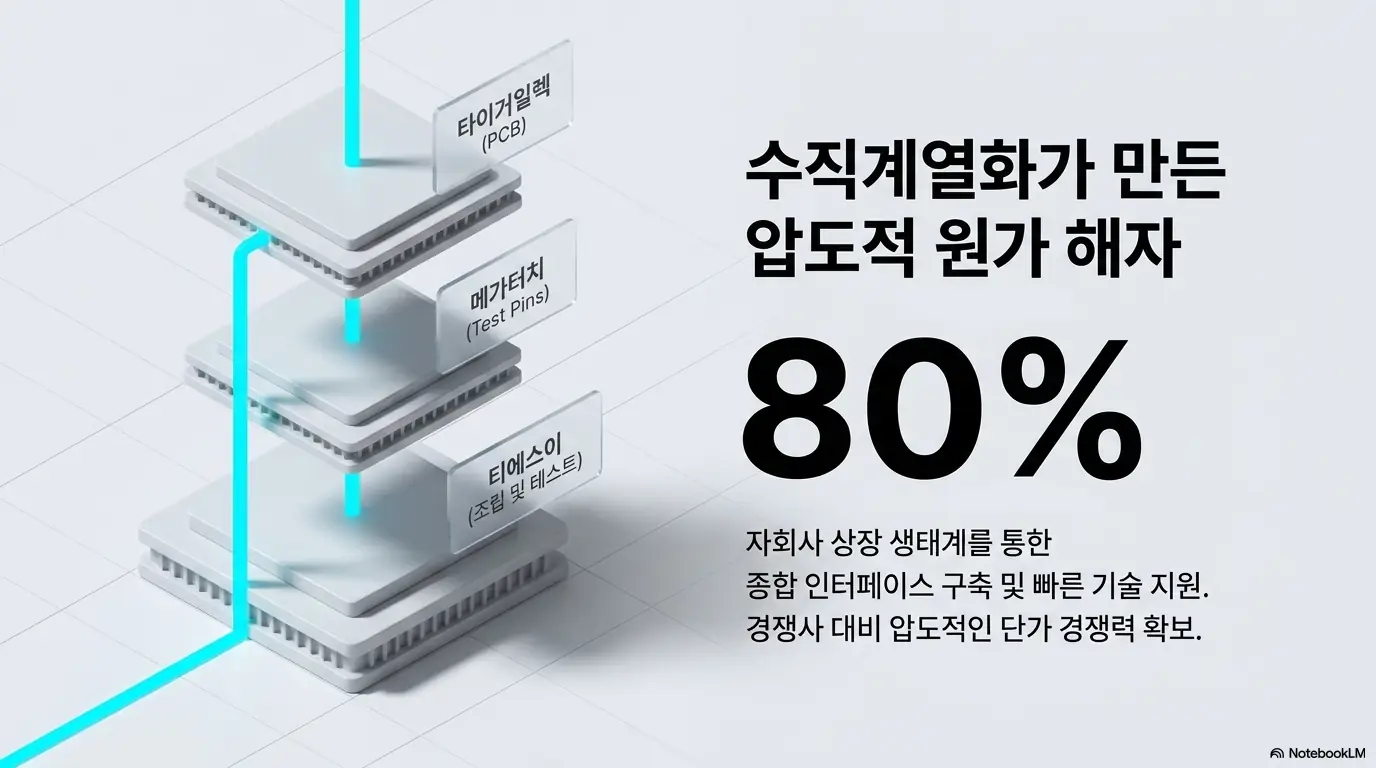 티에스이 주가전망: 타이거일렉(PCB)과 메가터치(핀)&amp;#44; 티에스이(조립&middot;테스트)로 이어지는 수직 계열화 구조를 3단 적층으로 보여주는 이미지. 자회사 상장 생태계를 통한 경쟁사 대비 약 80% 단가 경쟁력과 원가 해자를 시각화하며&amp;#44; 티에스이 주가 전망의 경쟁력 분석을 설명함 