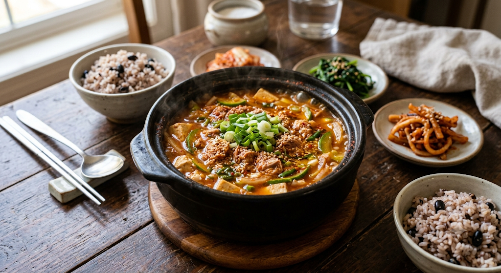 뚝배기에 담긴 얼큰하고 진한 참치 짜글이가 밥상 위에 올려져 있습니다. 잘 볶아진 양파, 으깬 두부, 참치가 한데 어우러져 깊은 맛을 냅니다.