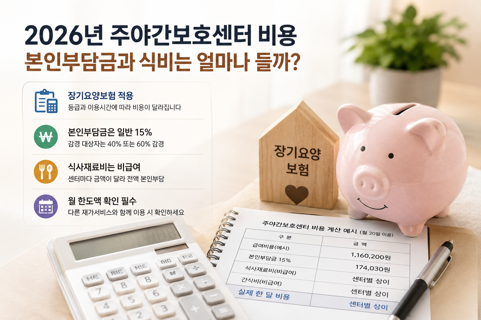 2026년 주야간보호센터 비용과 본인부담금, 식사재료비를 안내하는 모습
