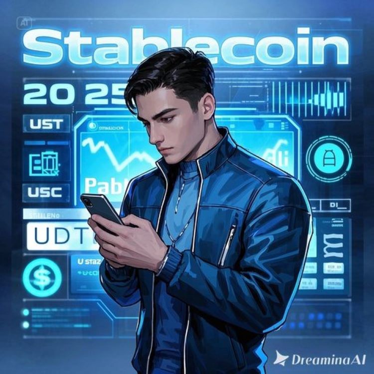 "청년이 스마트폰으로 스테이블코인(USDT, USDC) 시세를 확인하는 장면. 배경에 &lsquo;스테이블코인 2025&rsquo; 텍스트와 디지털 화폐 아이콘. 파란색과 은색 톤으로 안정성과 기술 강조."