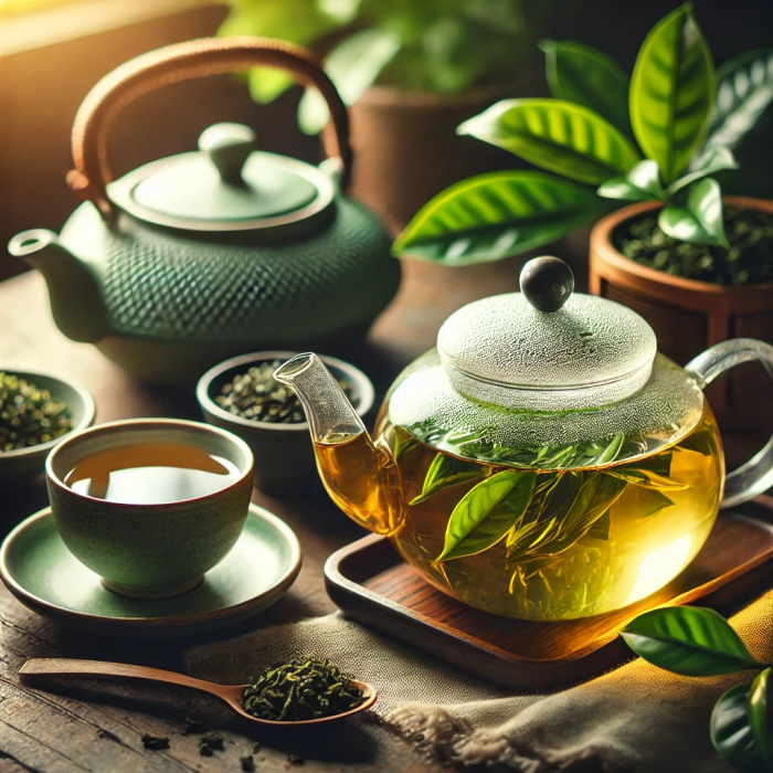 투명한 차 컵에 신선한 녹차가 우려진 장면