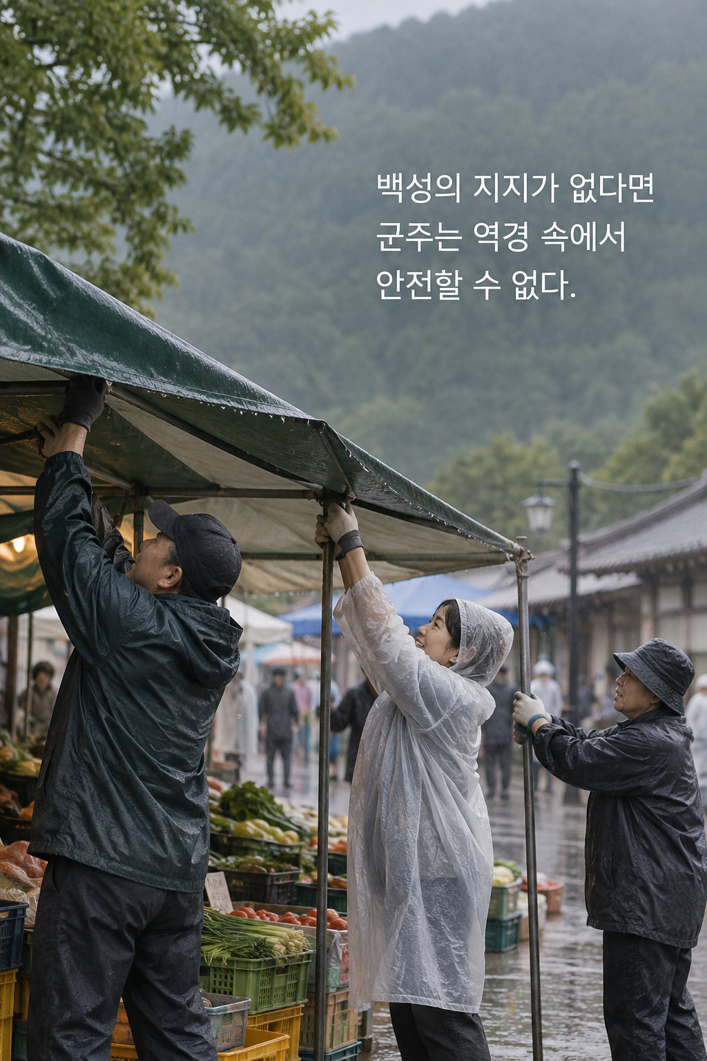 백성의 지지가 없다면 군주는 역경 속에서 안전할 수 없다. 문구가 담긴 세로형 이미지