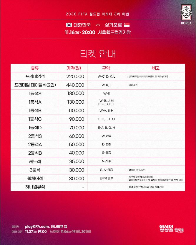 2026 월드컵 아시아 2차 예선 싱가포르전 티켓가격 티켓팅 방법 예매처 정보