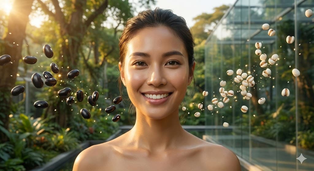 신장 건강에 좋은 검은콩과 율무를 배경으로 활력 넘치는 미소를 짓는 여성