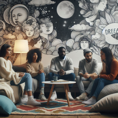 다양한 인종의 사람들이 앉아 꿈에 대한 이야기와 책을 읽는 모습.