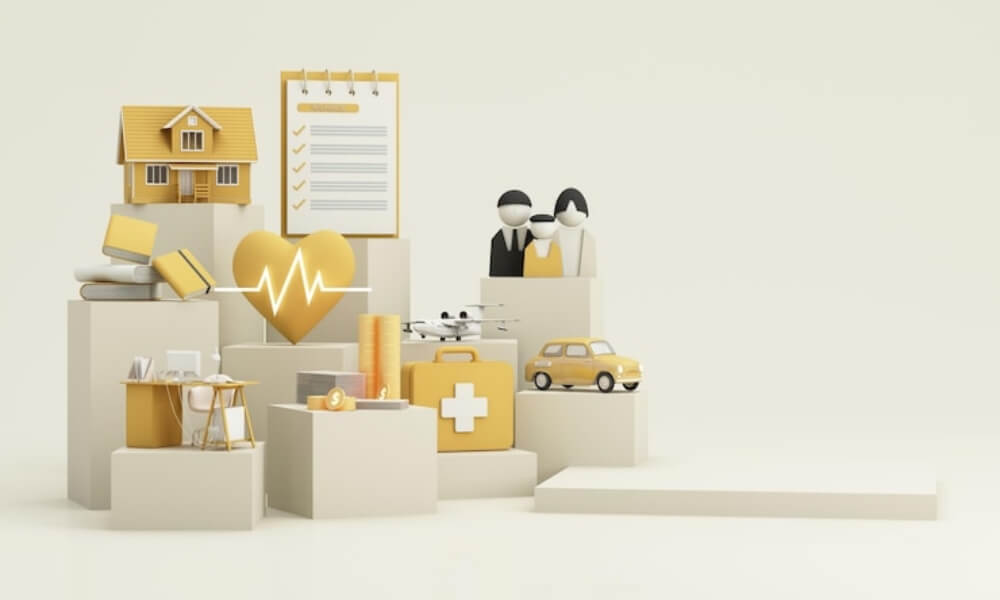 박스위에 집, 책상, 의료가방, 자동차 모형이 있는 이미지